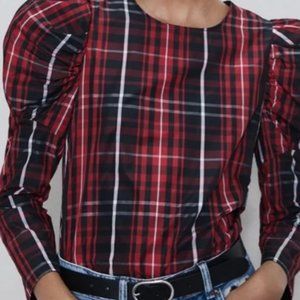 Holiday Plaid Taffeta Balloon sleeve blouse